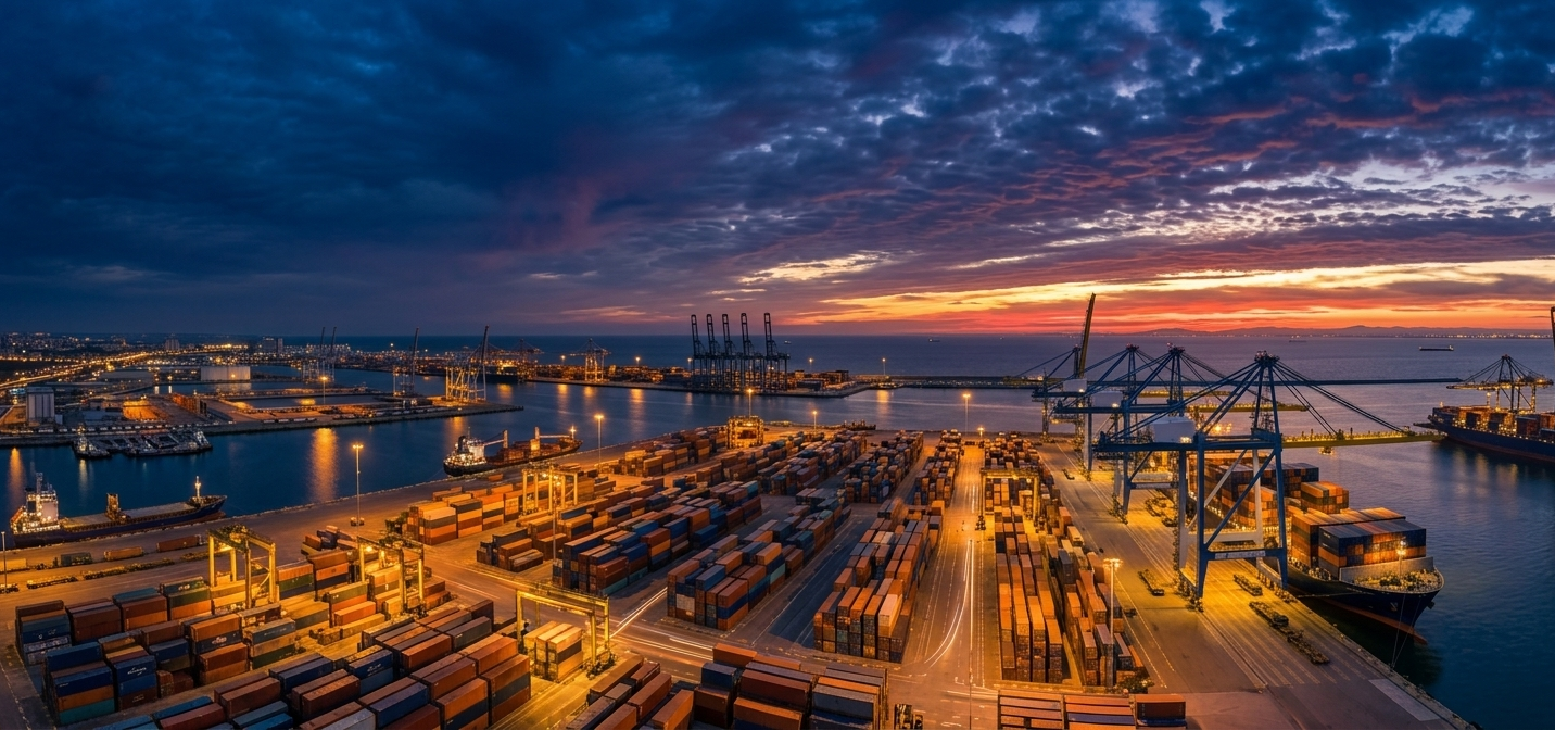 Container port and logistics terminal at sunset